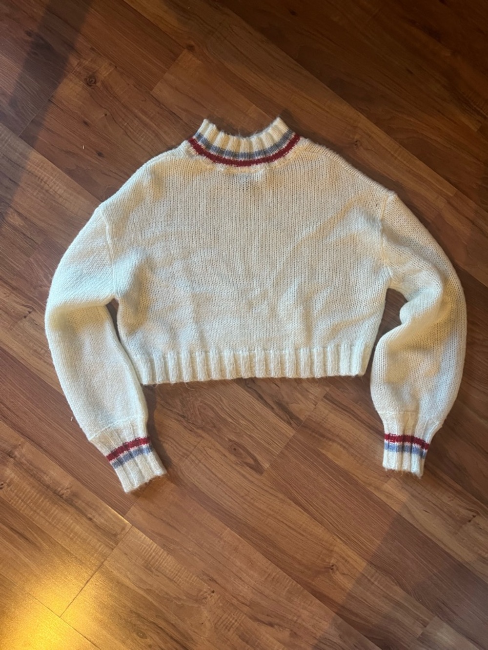 Derek Heart Cream Cropped Turtleneck Sweater with Red & Blue Trim